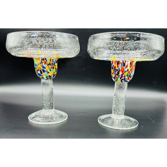 Set of 2 Baja Confetti Stemmed Margarita Glass  Hand Made Gorgeous 7" - Picture 1 of 12